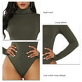 thumbnail image 5 of Women's Long Sleeve Bodysuit - Turtleneck, Slim Fit, Pure Color, High Elasticity, Snap Closure - Olive Drab Green, Medium, 5 of 6