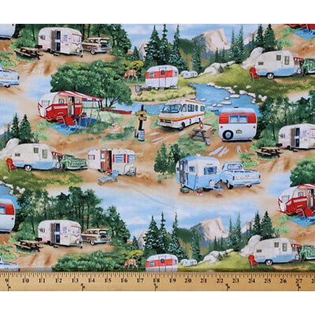 Cotton Vintage Trailers Campers Camping Outdoors RV's  Cotton Fabric Print by the Yard 3502