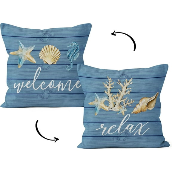 Coastal Throw Pillows,Coastal Pillow Covers,Nautical Beach Decorative Throw Pillow Cover,Nautical Pillows,Nautical Beach House Bed Room Decor Reversible Pillowcase (18x18 in, Blue-2)