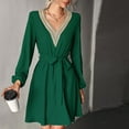 thumbnail image 6 of Women's Casual Long Sleeve Dress Lace Crochet V Neck Solid Color Belted Dress Loose Fit Fashion Knee Length Dress, 6 of 6