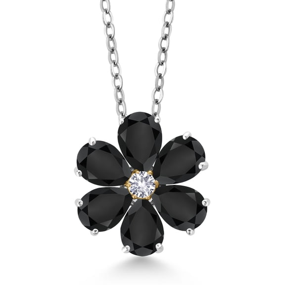 Gem Stone King 2.33 Ct Black Onyx White Created Sapphire 925 Silver and 10K Yellow Gold Pendant with Chain