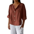 thumbnail image 2 of Wensltd Spring Summer Womens Linen Tops V Neck Botton T Shirts, 2 of 8