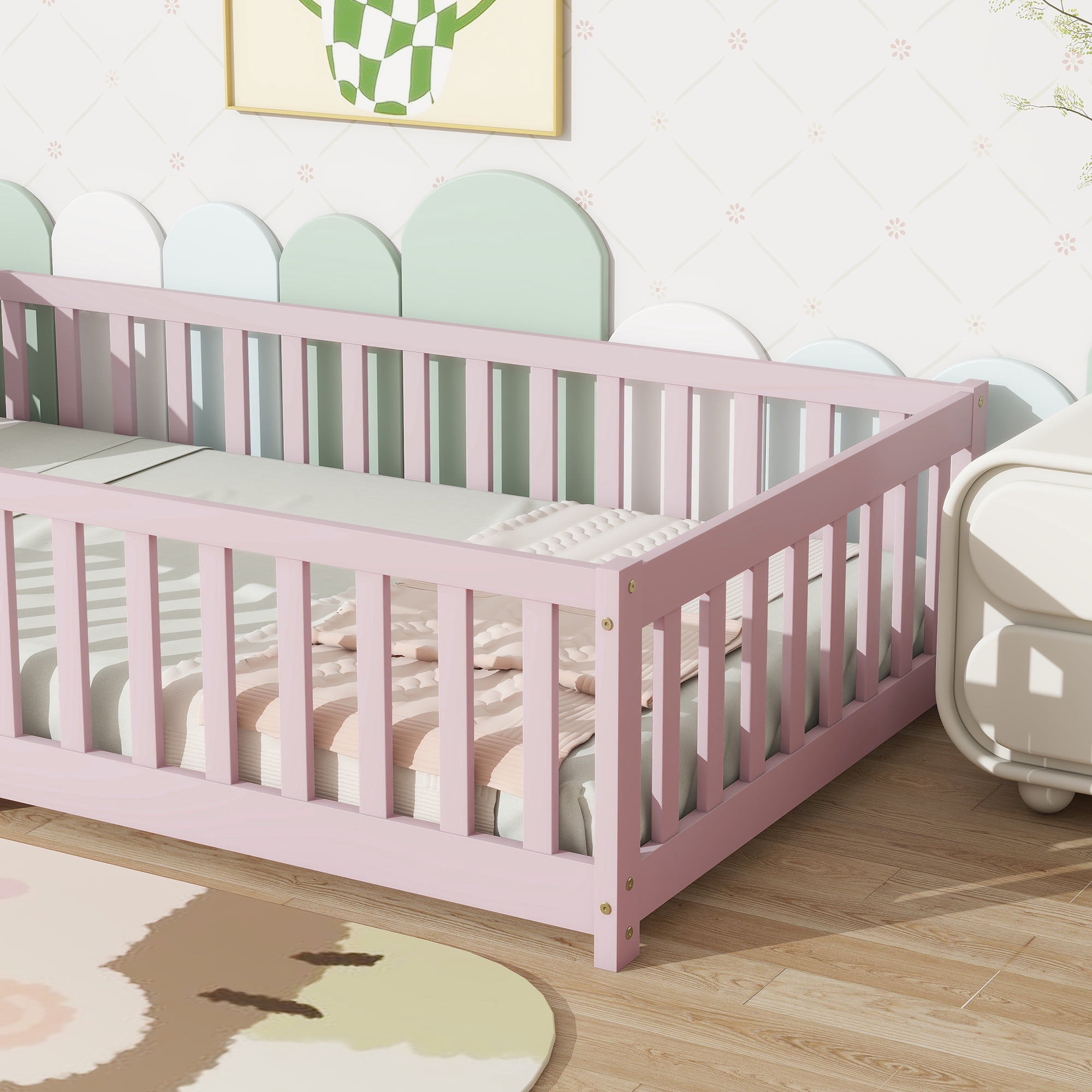 Sailvan Twin Floor Bed with Safety Guardrails,Solid Rubber Wood Fence Kids Bed Frame Pink