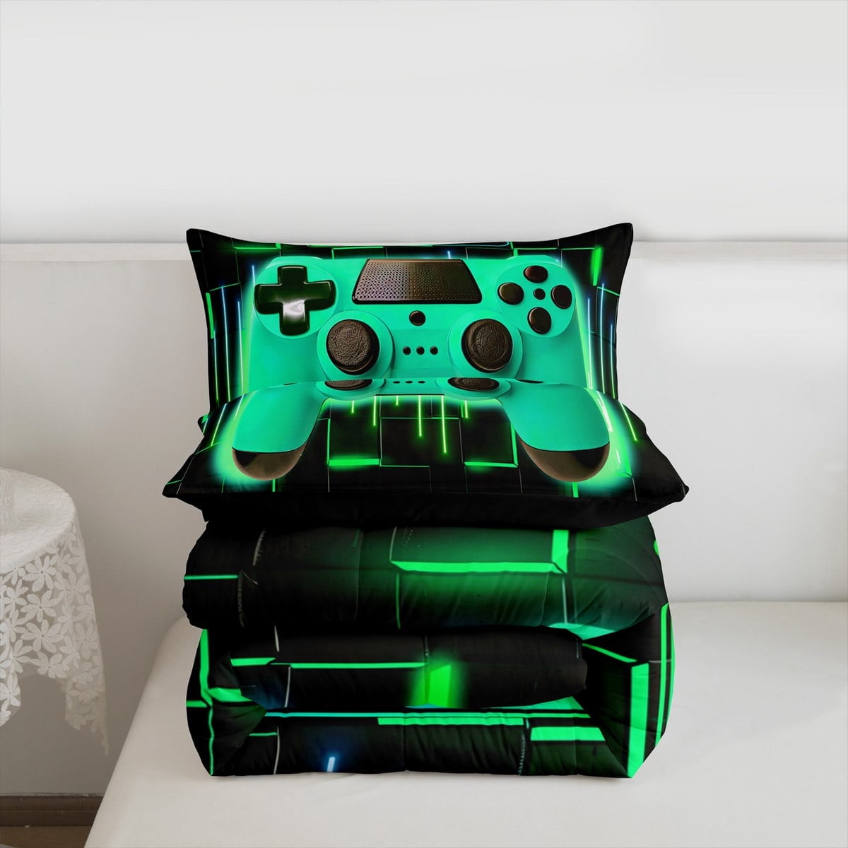 Green Gaming Full Size Comforter Sets - Gamer Comforter Full Size Bedding Set, Neon Lights Abstract Geometry Design Gamer Room Decor