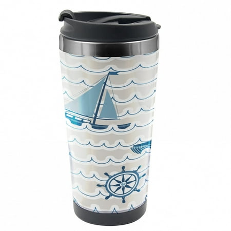 

Nautical Travel Mug Cartoon Ship Whale Waves Steel Thermal Cup 16 oz by Ambesonne