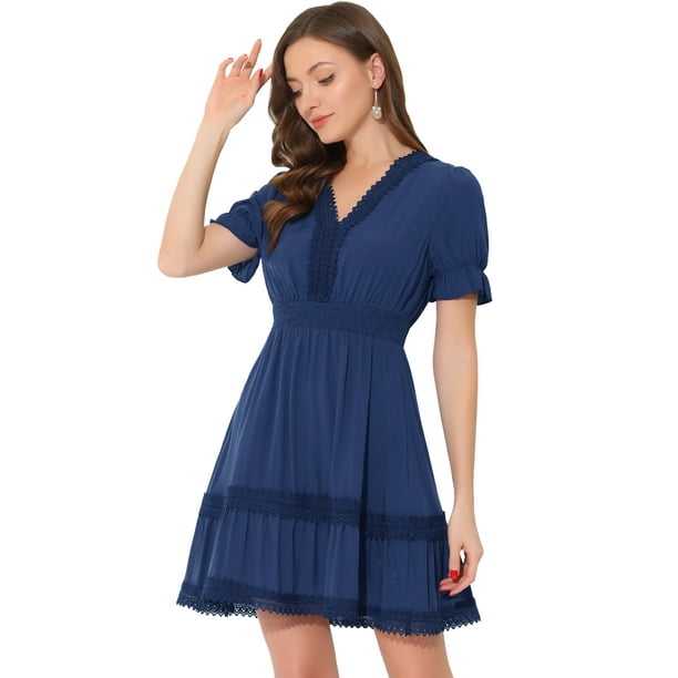 Vestido Mini Allegra K Manga Corta Cuello V Azul Oscuro XS