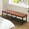 thumbnail image 3 of BRILHAMEZ 55"Wide Upholstered Bench Bed End Bench with Storage Box Iron Frame Shoe Bench for Bedroom Living Room Entryway,Light Brown, 3 of 6