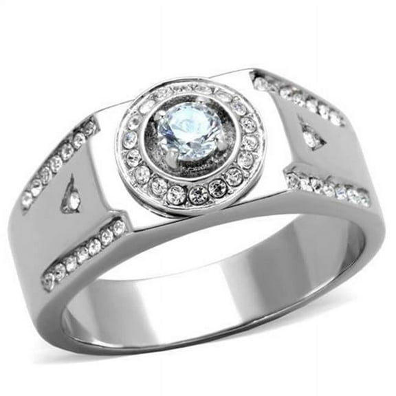 Men High Polished Stainless Steel Ring with AAA Grade CZ in Clear - Size 11