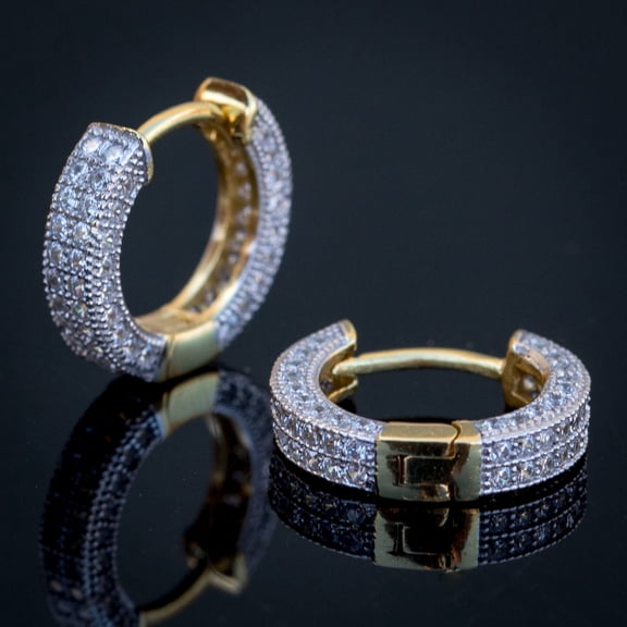 Fully Iced Two Tone Yellow Gold Plated 925 Sterling Silver Post Men's Women's Classic Small Huggie Hoop Earrings