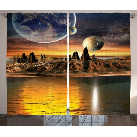 Fantasy House Decor Curtains 2 Panels Set, Alien Planet With Earth Moon And Mountain Fantasy Sci Fi Galactic Future Cosmos Art, Living Room Bedroom Accessories, By