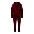 thumbnail image 3 of Women 2 Pieces Suit Set, Women? s Solid Color Long Sleeve Hooded Pullover+ Long Pants for Spring Fall, Red/Camel, 3 of 9