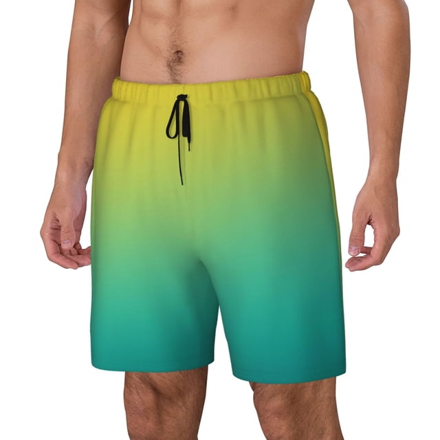 Lsque Teal To Yellow Gradient Pattern Mens Swim Trunks- Bathing Suit Compression Liner - Beach Swim Shorts Swimwear - (S-3XL) - Stretch Quick Dry-3X-Large
