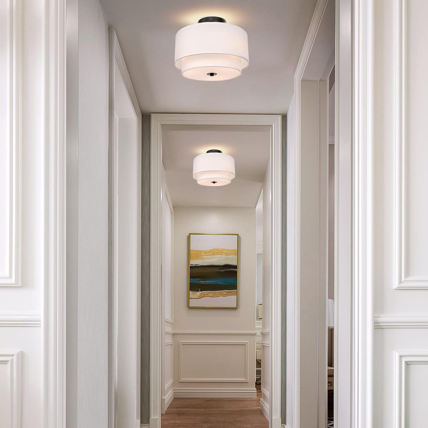 FRIDEKO HOME 3-Light Semi Flush Mount Ceiling Light Fixture, 12.6inch Modern Ceiling Light with 2-Layer White Drum Fabric Shade for Bedroom,Living Room,Kitchen,Hallway(Without Bulb)
