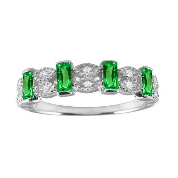 Simulated Emerald And Clear Cubic Zirconia Evil Eye Patterns Ring Sterling Silver Size 9