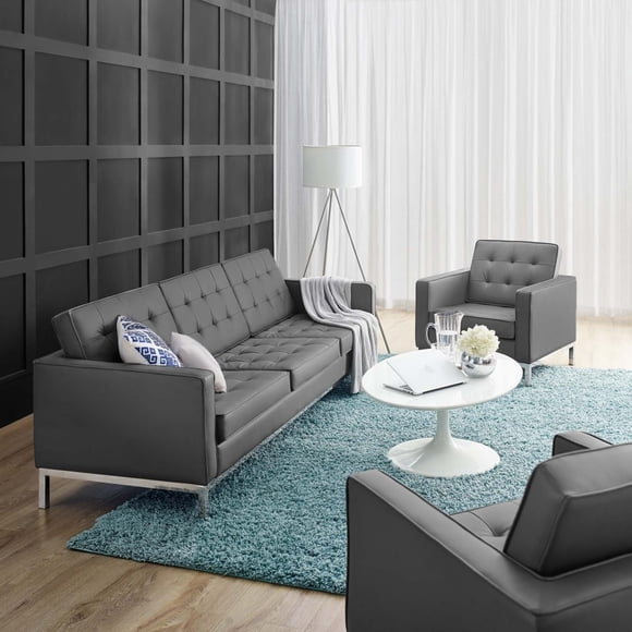 Loft Tufted Upholstered Faux Leather Sofa and Armchair Set-EEI-4104
