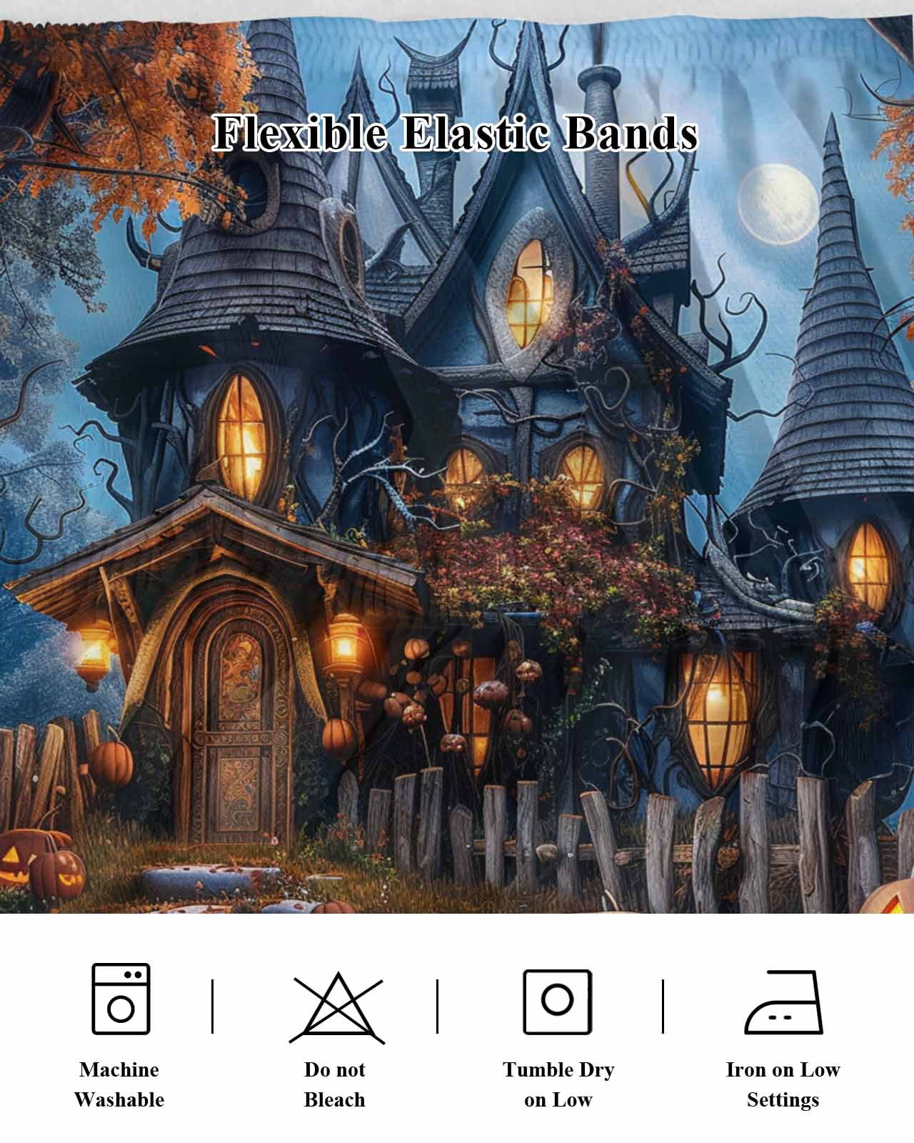 Halloween Mysterious Bed Skirt Forest Pumpkin Castle Bed Skirts King Size 16 Inch Drop, Wrap Around Dust Ruffle&nbsp;Bedskirt with Adjustable Elastic Belt for Queen Size Beds