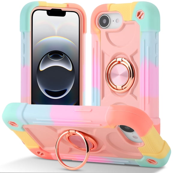 For Military-Grade Phone Case for Apple iPhone 17e 16e, iPhone 17e 16e Cover with 360° Ring Kickstand Heavy Duty Shockproof TPU PC Bumper Case for Women Men, Colorful Rosegold