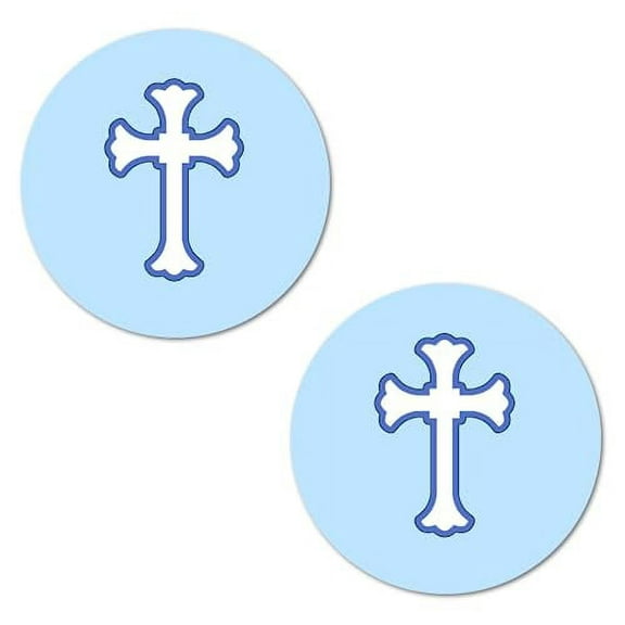 40 Blue Cross Stickers, 2 Inch Big Round Glossy Labels, Theme Baptism, Christening Decorations, Communion or Baby Shower, Great for Party Favors, Tags, Games And Supplies. Made in USA