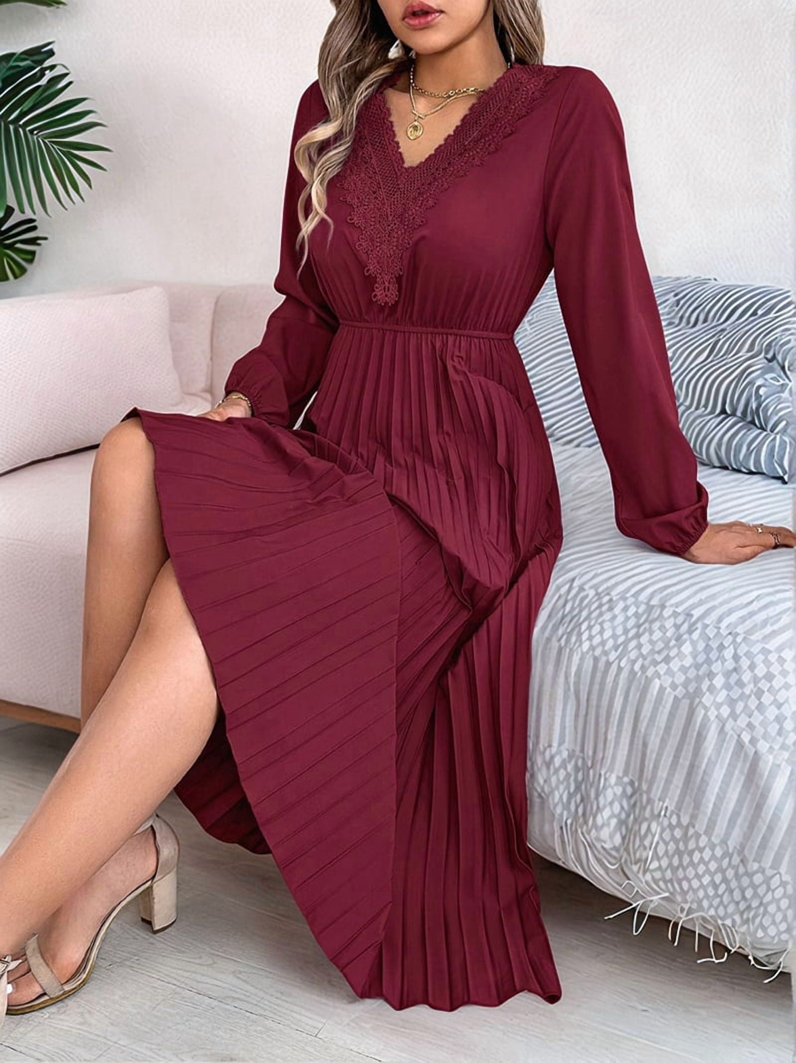 Women Fall Long Sleeve Dress Casual V Neck Pleated A Line Wine Red XL