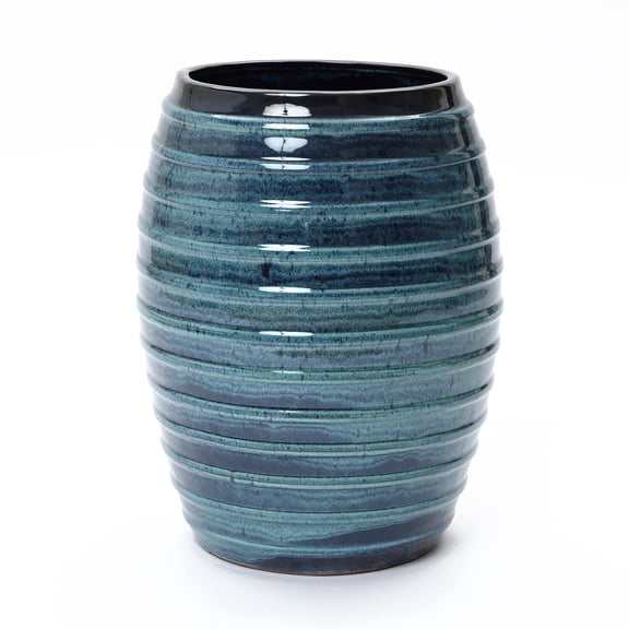 LuxenHome 17.5" Tall Ceramic Planter Pot for Indoor Outdoor Plants with Ribbed Texture, Large Garden Plant Pots with Drainage Hole, Blue