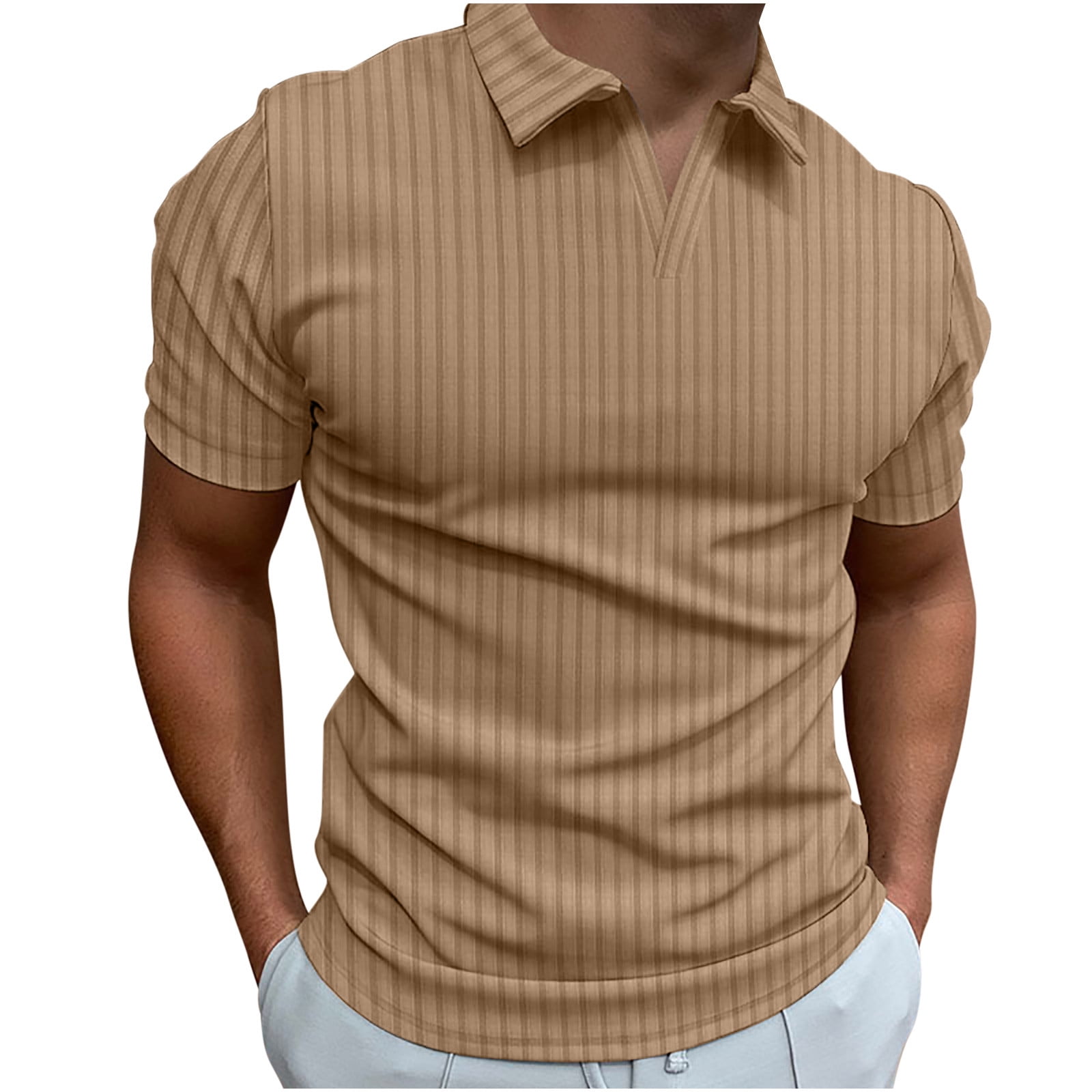 ZCFZJW Men's Zipper Polo Shirts Waffle Knit Polo T Shirts Summer Short  Sleeve Casual Slim Fit Knitted Golf Shirt Solid Color Basic Tee Shirt Khaki  S