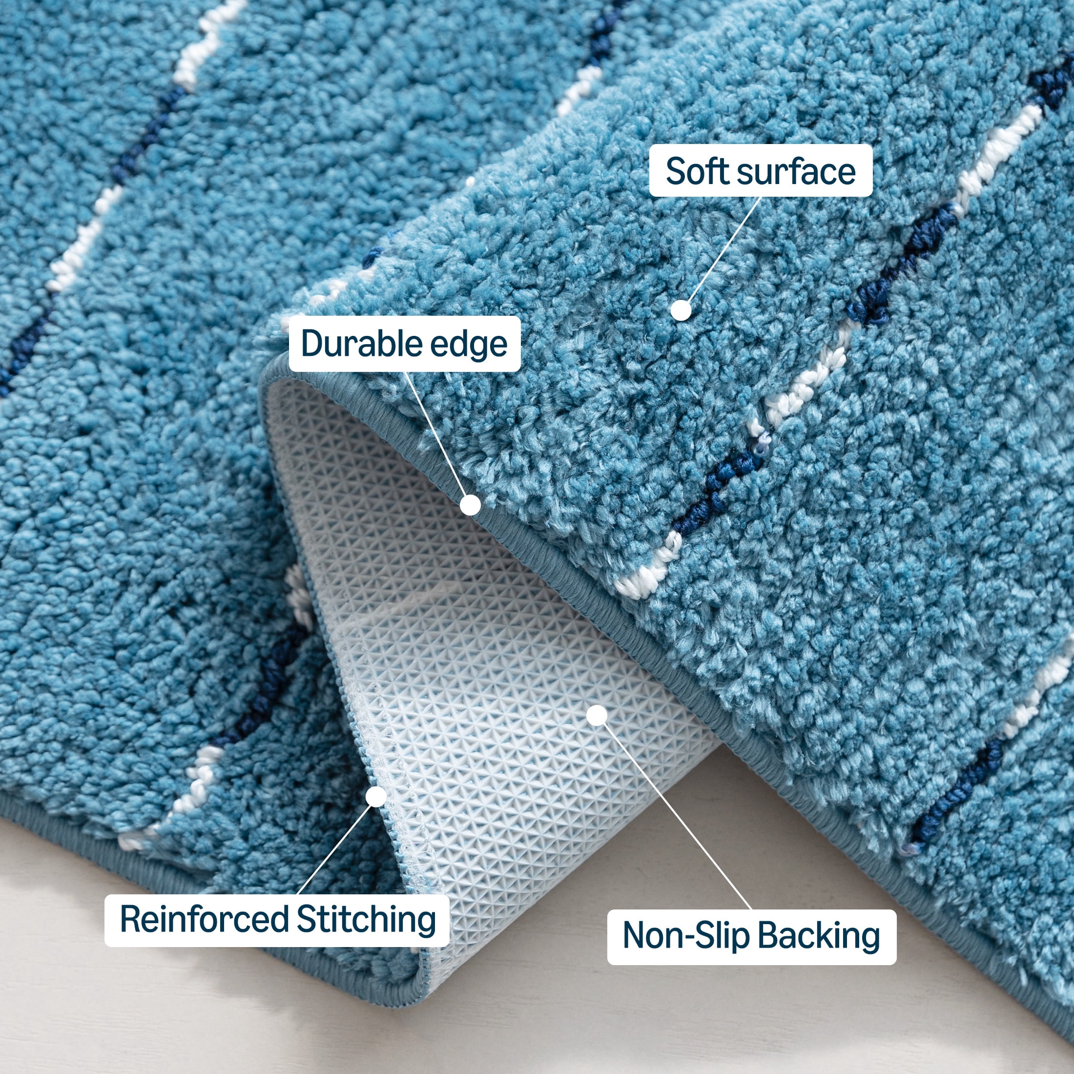 Sleep Zone Bathroom Rugs Bath Mat Set of 3 Ultra Soft surface Striped Space-Dyed, Non-Slip Backing, Bath Mats with U-Shaped Toilet for Bathroom Floor, Tub and Shower, Blue