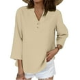 thumbnail image 5 of WTOBBY Women's Loose Fit V-Neck Button Down 3/4 Sleeve Tops, Cute Solid Summer Beach Tee Shirts, Casual Linen Blouse for Comfortable Wear,Beige L, 5 of 5