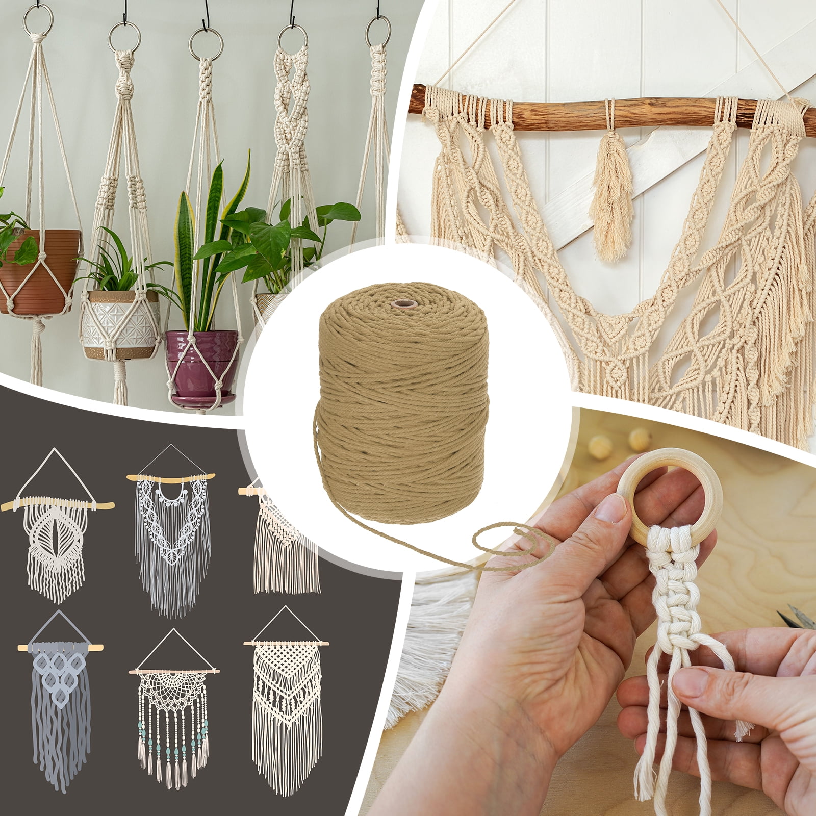 Uxcell Natural Macrame Cord 3mm x 328 Yards 4 Strand Twisted Cotton Macrame Rope for DIY Knitting Plant Wall Hanger Dreamcatcher, Light Brown