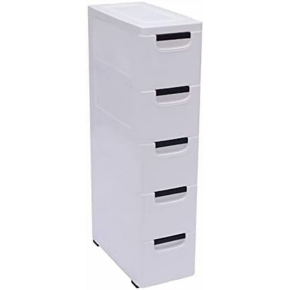 Narrow Dresser, 33" Tall Vertical Plastic Drawers Dresser, Chest of 5 Drawers Storage Tower, Clothing Organizer with Wheels for Closet Bedside Furniture Playroom, White$$Home Decor, Kitchen, & Other