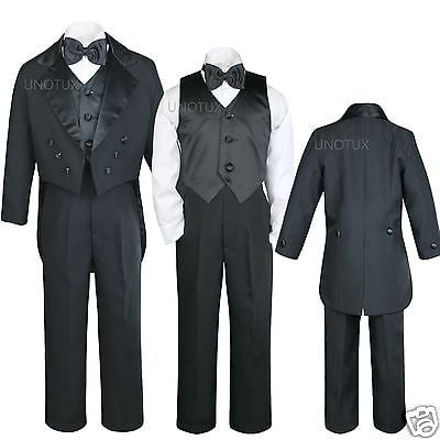 

Infant Toddler Boy Wedding Formal Recital Black Tail Tuxedo Bow Tie Suit S-18