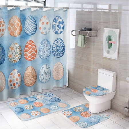 Shower Curtain Sets 4 Piece Blue Easter Eggs-1 with Non-Slip Rugs Toilet Lid Cover And Bath Mat Shower Curtain with 12 Hooks for Bathroom Decor Set 72inch X 72inch