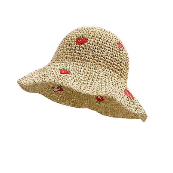 Summer Sun Hat for Women Strawberry Embroidery Lace Raffia Hat Outdoor Wide Brim Beach Straw Hat
