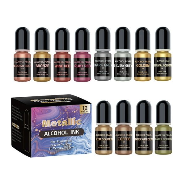 Metallic Alcohols Inks Set 12 Colors for Epoxy Resin Art and Painting Concentrated Dye for Creative Projects
