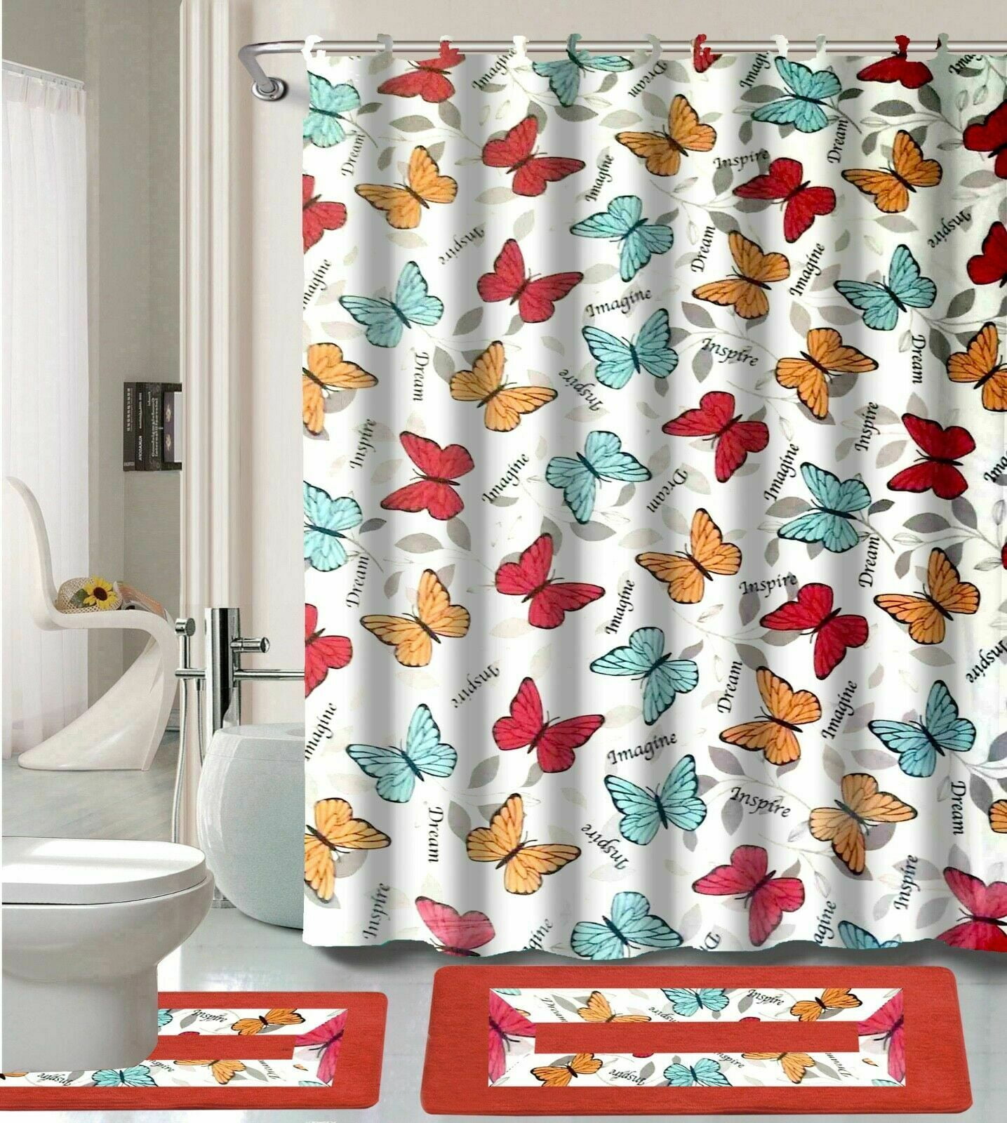 Butterfly Shower Curtain Bathroom Rug Set Bath Mat Non-Slip Toilet Lid Cover 