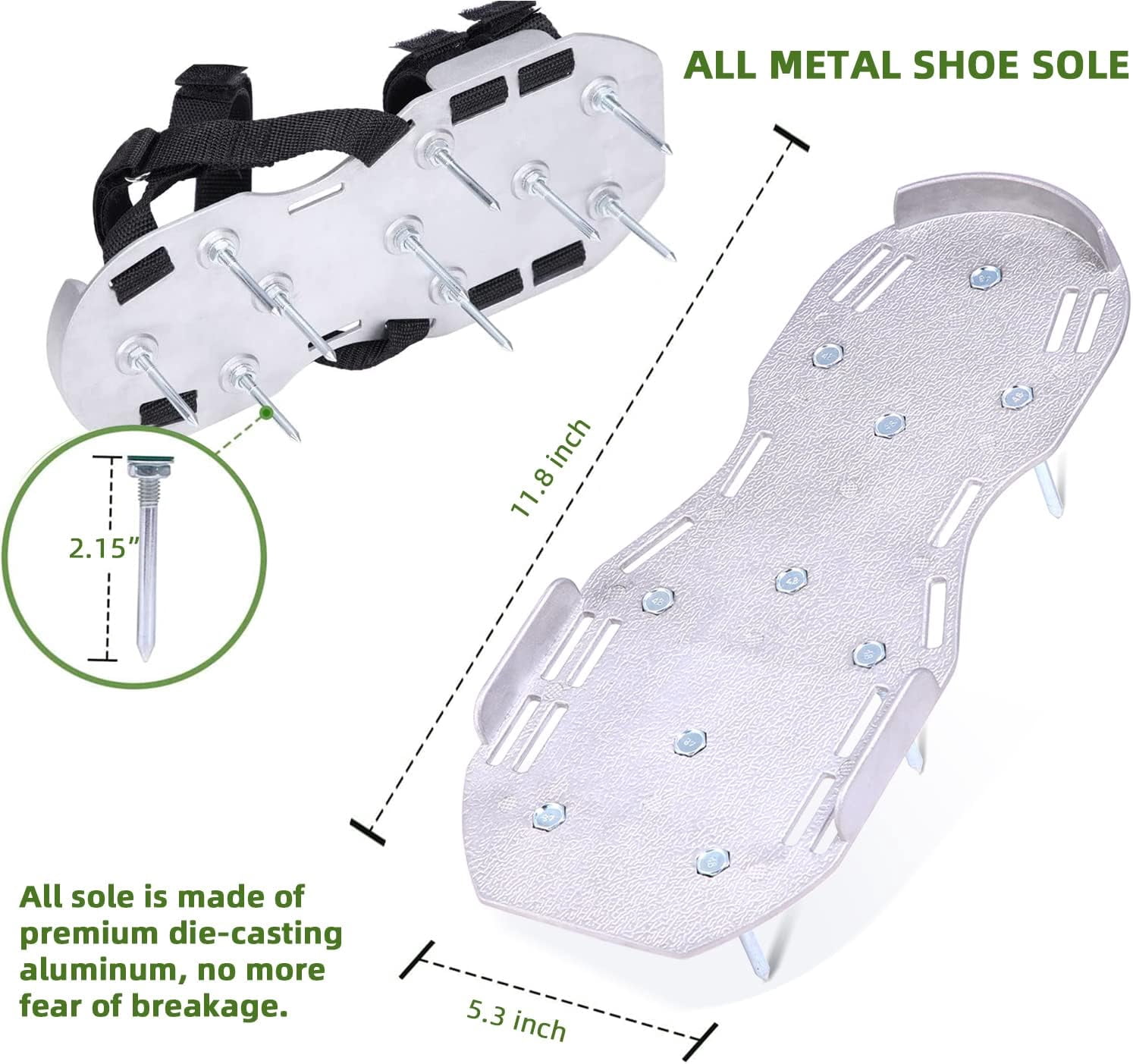 Metal Lawn Aerator Shoes, Upgraded Aluminum Aerating Shoe with 2.2" Durable Spikes, Free-Installation Spiked Sandals Stainless Steel Shovel for Yard Patio Garden Grass