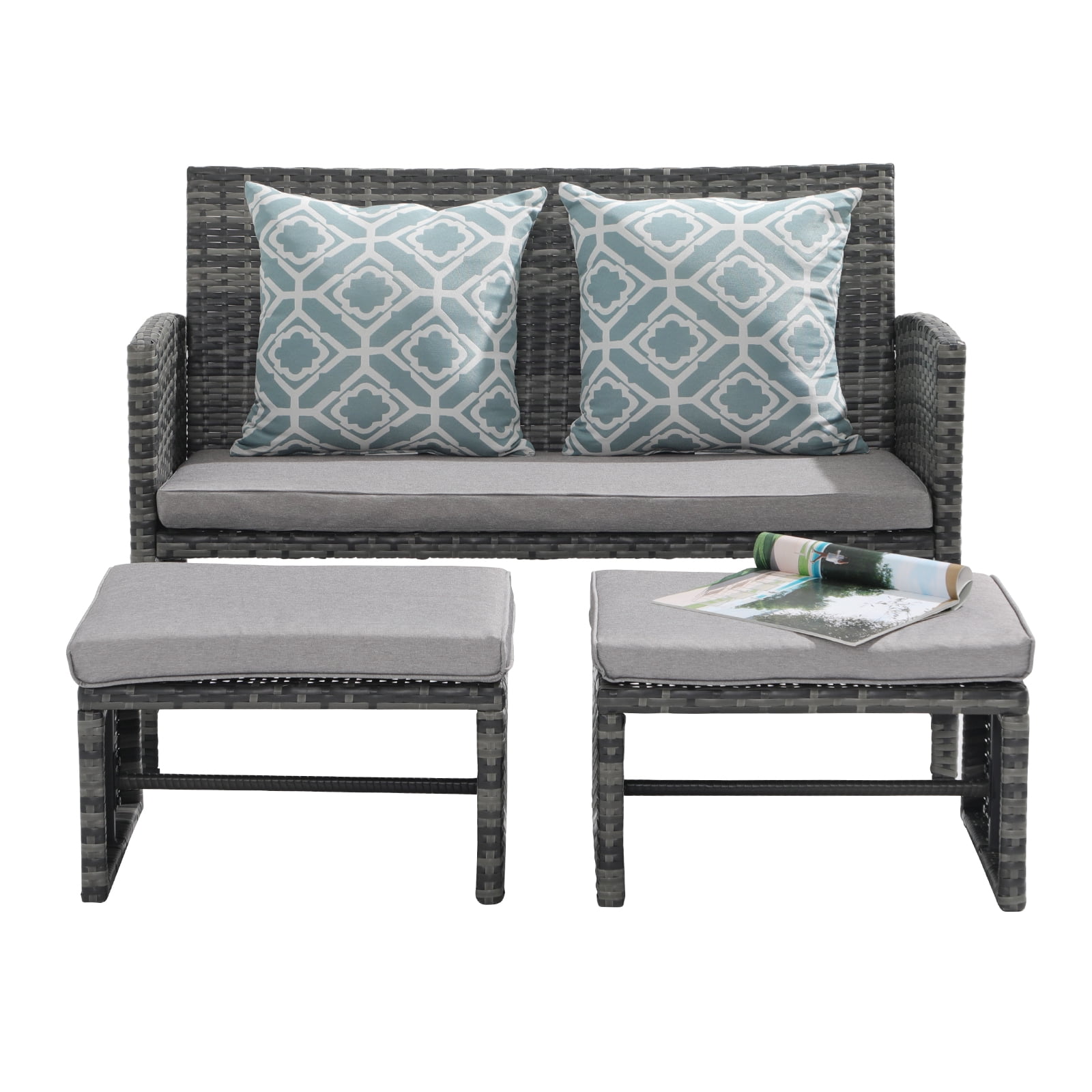 JOIVI Outdoor Loveseat Patio Furniture Rattan Conversation Set, with Ottoman, Pillows Included, Grey Wicker, Light Gray Cushions