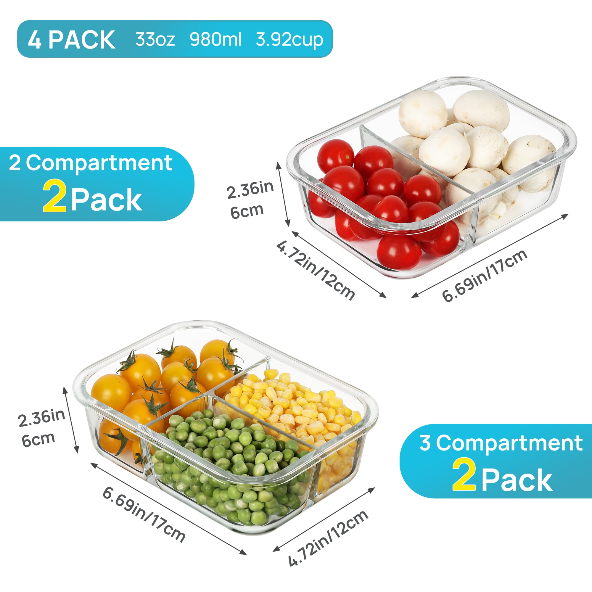 Sindcom 4 Pack 33oz Glass Food Storage Containers with Compartments, Meal Prep Bento Boxes, for Microwave, Oven, Freezer, Gray