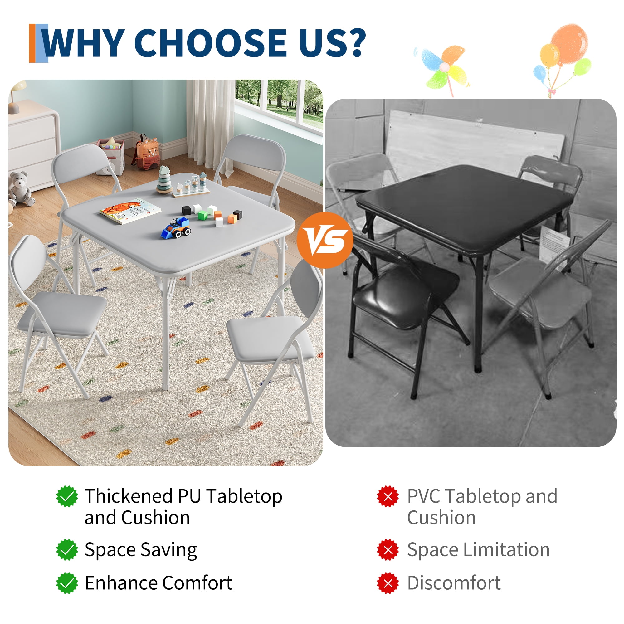 Kids Folding Activity Table and Chairs 5 Piece Set, Portable, with Ultra Soft Padded Cushion, Gray