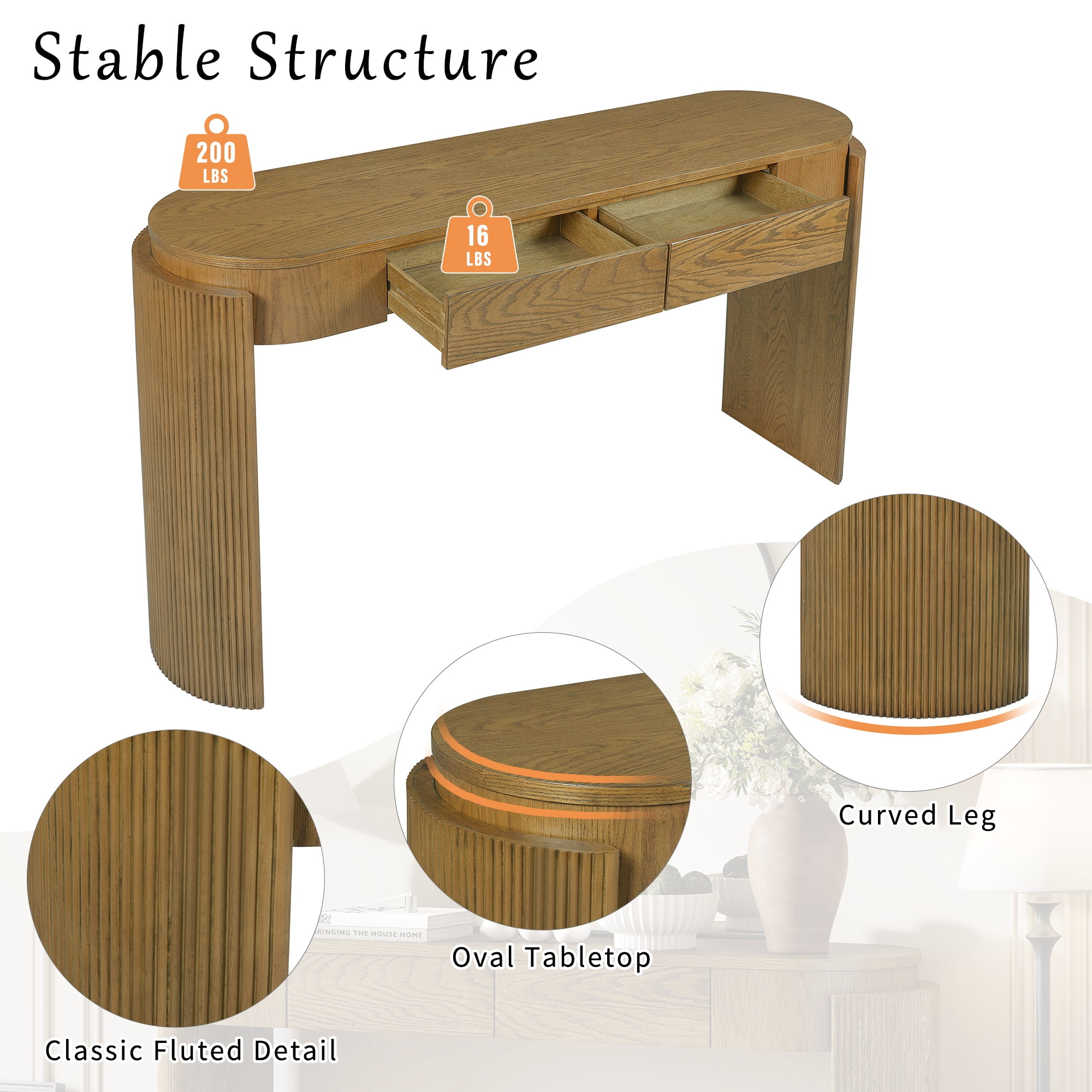 Harper & Bright Designs Fluted Console Table with Storage, Wood Entryway Table with Drawers and Oval Top Shelf, Pine Wood