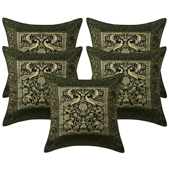 Stylo Culture Ethnic Decorative Throw Pillow Covers 16x16 Jacquard Peacock Dark Green Square 40 x 40 cm Home Decor Brocade Elephant Zippered Cushion Covers | Set Of 5