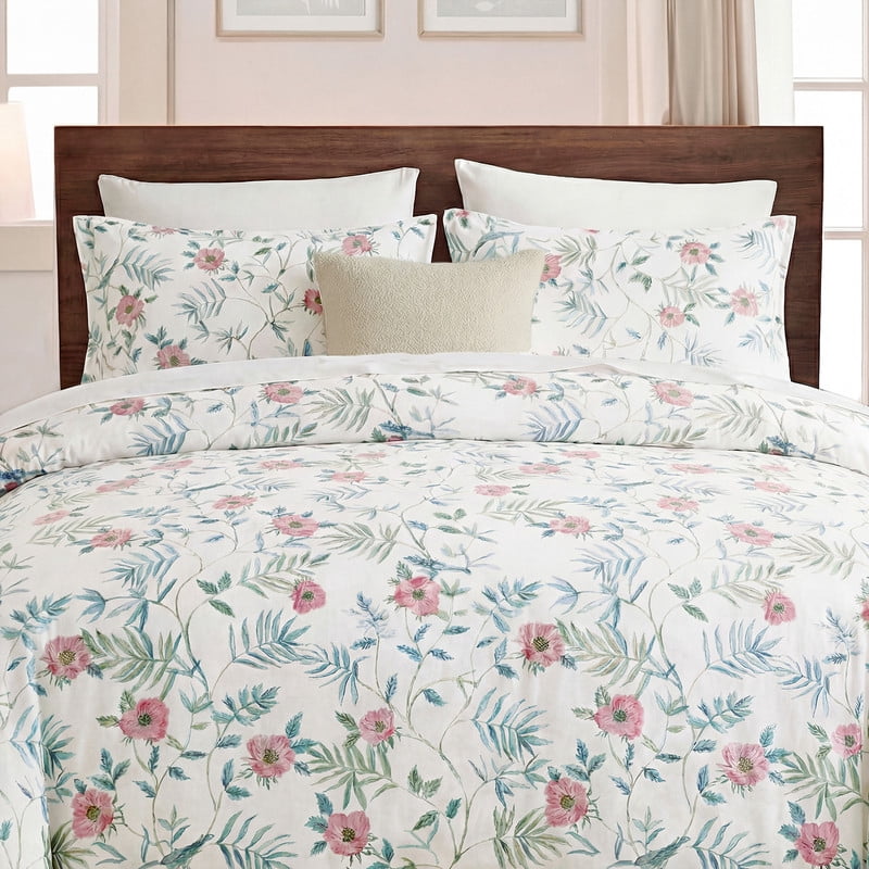 Pink Floral Duvet Cover King Size, 100% Cotton Duvet Cover Set with Zipper Closure & Corner Ties, Soft Breathable Branches Floral Bedding Set for All Seasons