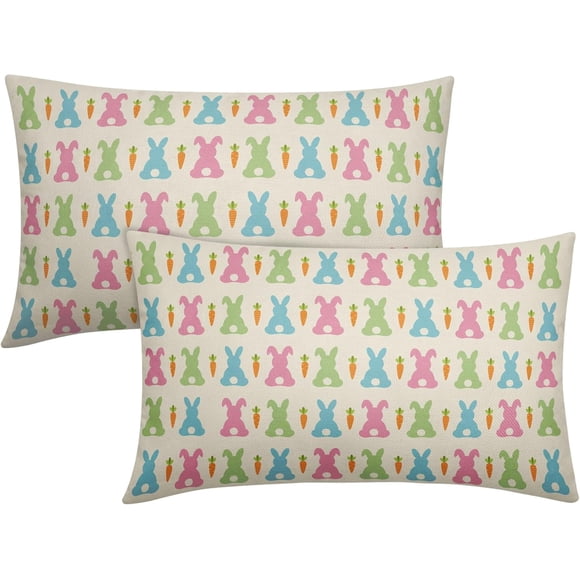 Housses de Coussin de Pâques 12x20 Ensemble de 2 Printemps Mignon Lapin Carotte Imprimé Bleu Rose Vert à Thème Lombaire Décoratives Taies de Coussin Décoratives Décoration de Ferme Extérieure pour Sofa Canapé Lit