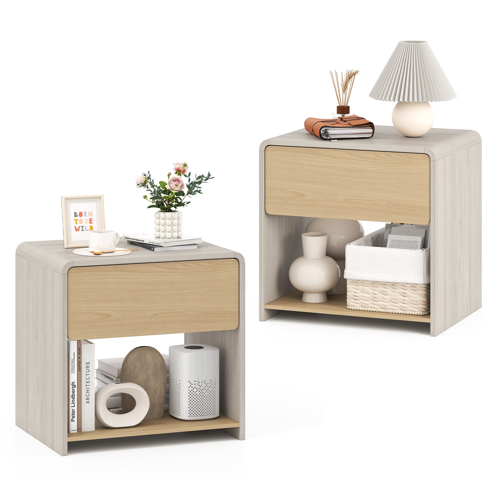 Gymax 2 PCS Modern Style Nightstand 2-Tier Sofa Side Bedside Table w/ Drawer & Open Shelf