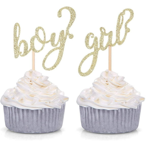 12pc CT Gold Glitter Boy or Girl Cupcake Toppers Gender Reveal Party Decors