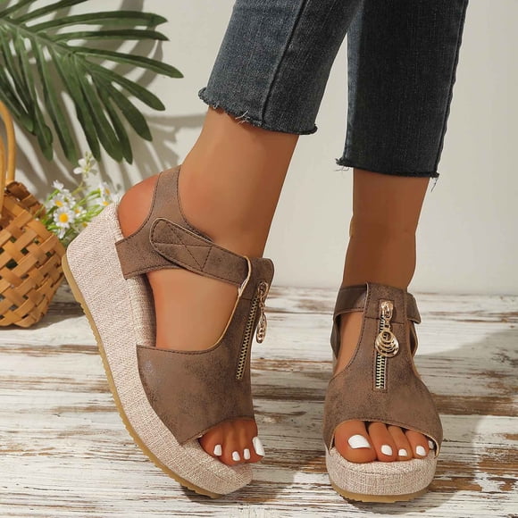 Miluxas Women's Wedges Zipper Sandals Platform Wedges Heels Sandals Brown 7.5(40)