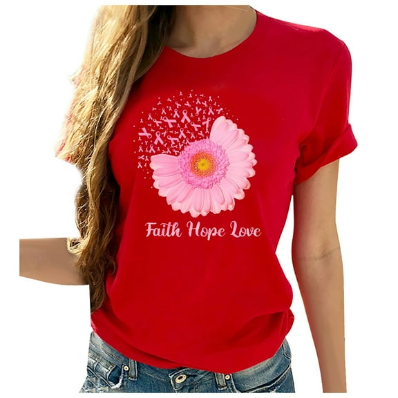 WREESH Womens Fashion T-Shirts Spring Summer Round Neck Heart-Shaped Printed Short Sleeved T-Shirt Top Pullover Red