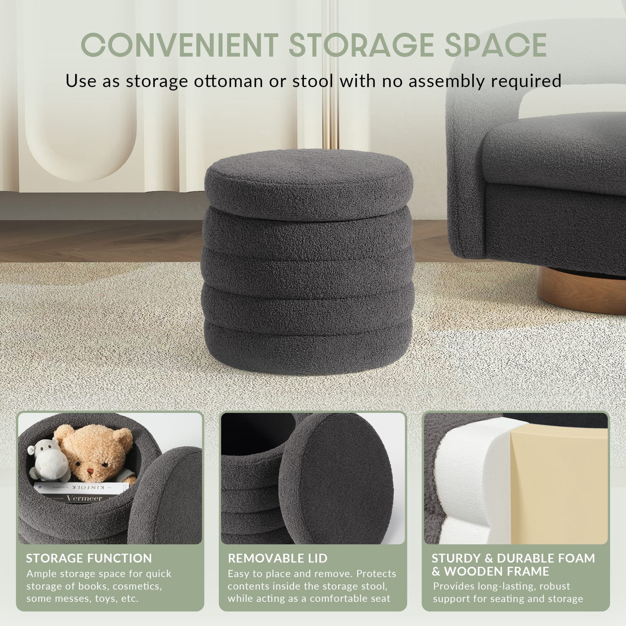 WestinTrends Alexandria Mid-Century Modern Faux Sherpa Round Storage Ottoman, Charcoal Gray