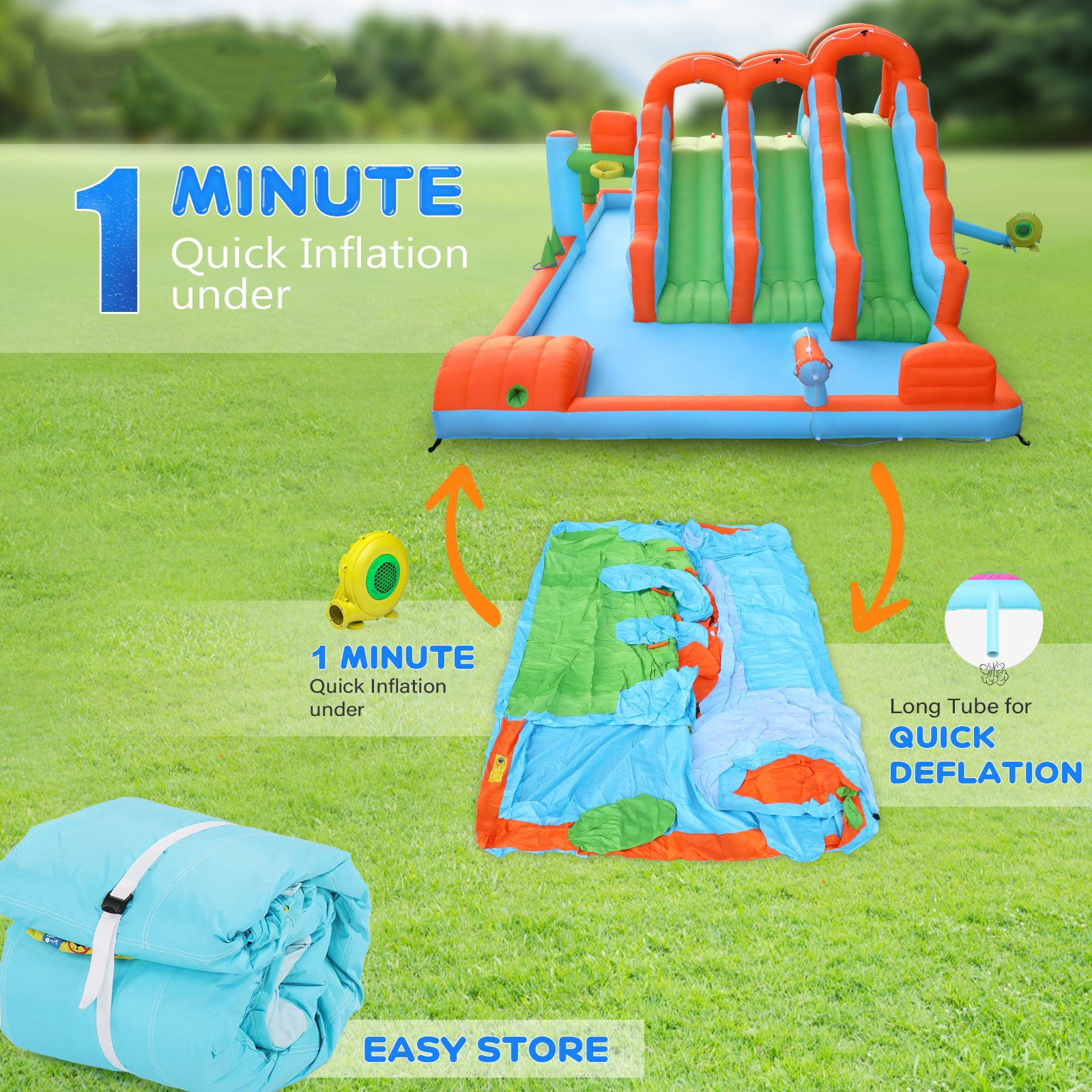 Ktaxon Inflatable Bounce House with Triple Slides and Upgraded Climbing Wall, Water Slide Bounce House with Blower, Inflatable Water Slide Park for Party, Backyard, Lawn