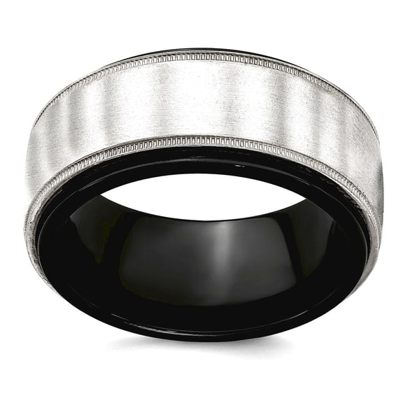 10.00mm Black Titanium and 925 Sterling Silver Brushed And Polished Milgrain Ring Size 10 Ring for Women