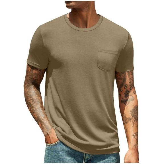 Ohufall Plus Size Men T Shirts Pullover Short Sleeve Shirts for Men Crew Neck Solid Color Men Tops with Pocket